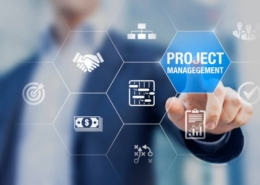 Professional project manager with icons about planning tasks and milestones on schedule, cost management, monitoring of progress, resource, risk, deliverables and contract, business concept