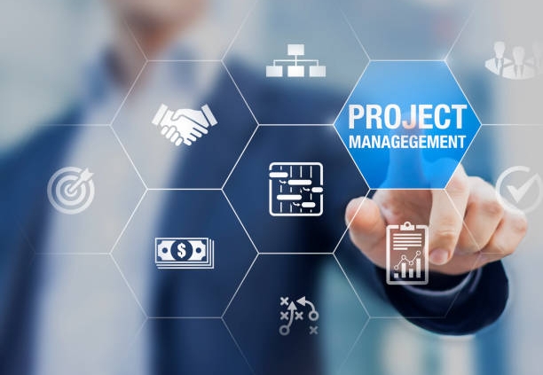 Professional project manager with icons about planning tasks and milestones on schedule, cost management, monitoring of progress, resource, risk, deliverables and contract, business concept